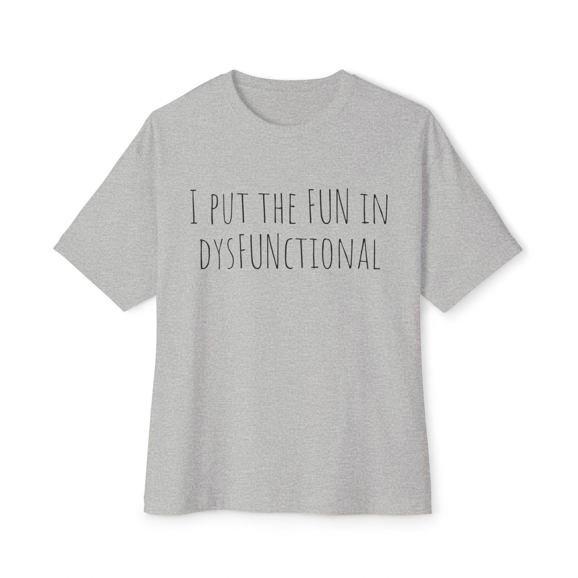 Gray t-shirt with text and logo on a white background